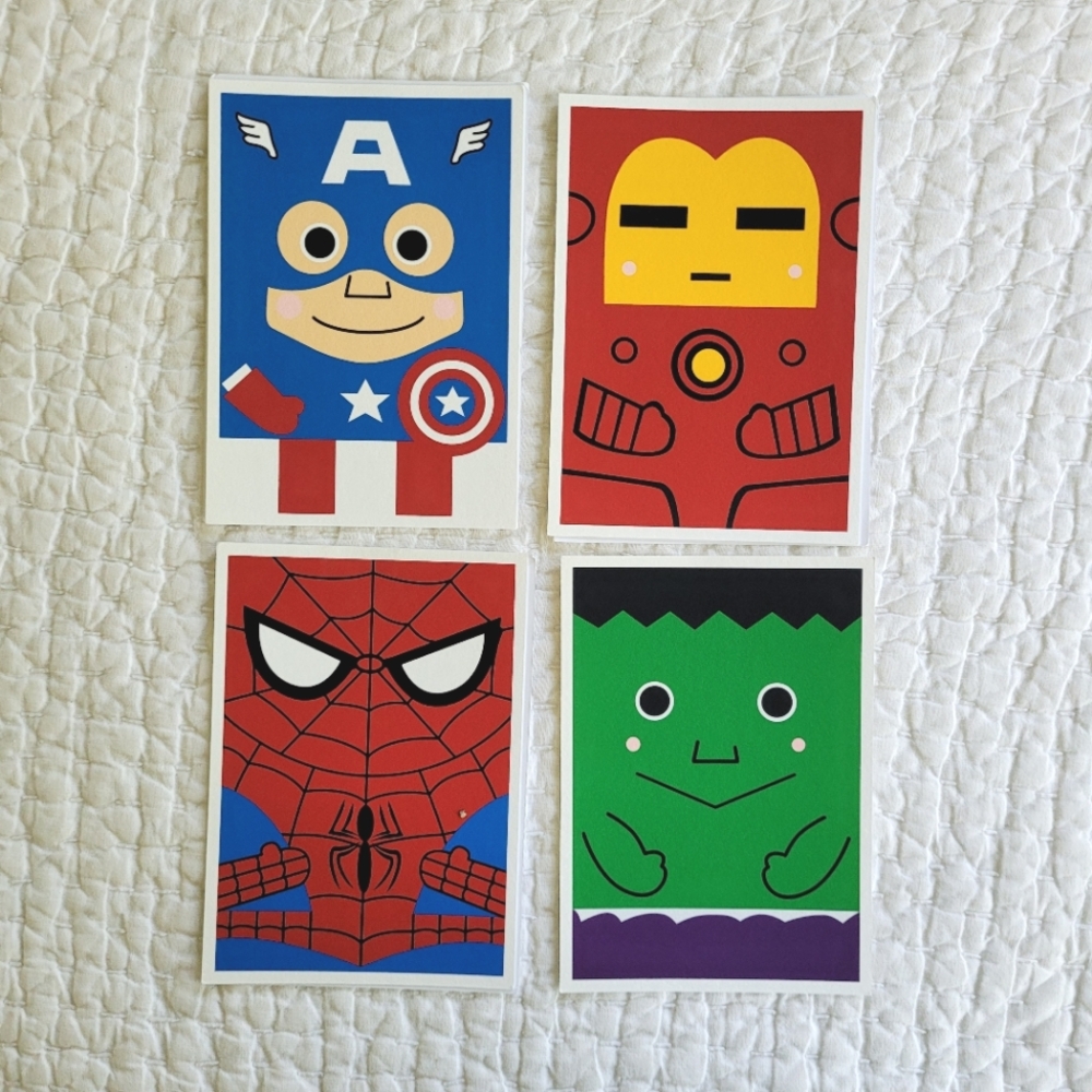 Set of Four Superhero 7"x5" Art Prints for Kids Room Ironman, Spiderman, Hulk